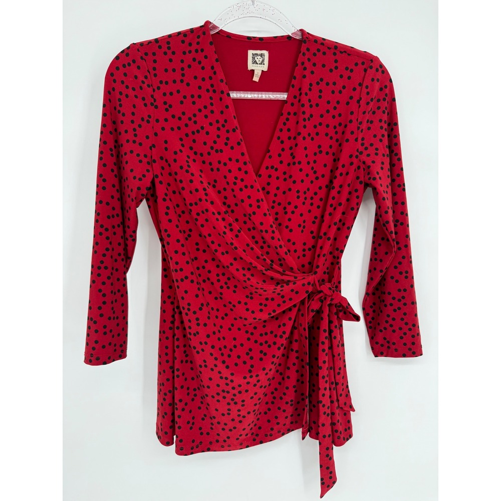 Anne Klein Red Black Polka Dot V-Neck Side Tie Wrap Top Long Sleeve Sz S